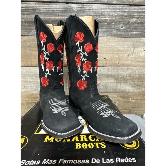 Monarca Womens Western Cowgirl Rodeo Boots Leather Square Toe Red Rose Size 9 - Picture 2 of 8